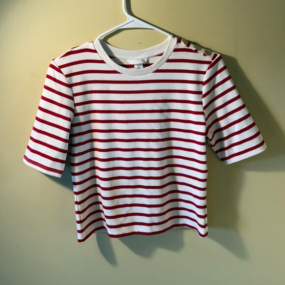 H&M Red and White striped T-shirt with gold buttons on the left shoulder - Picture 1 of 4